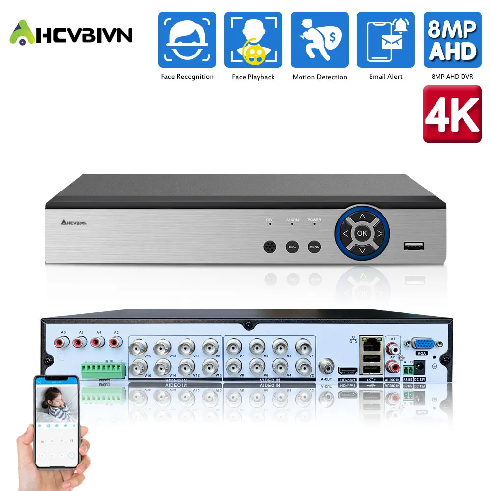 

4K AHD CVI TVI HVR 6-in-1 Email Alert DVR 16CH Video Recorder P2P Remote Phone Monitoring for Security Surveillance System Kit