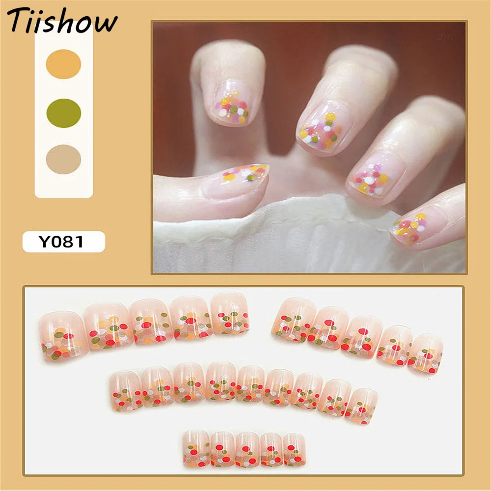 

Tiishow 24pcs/box Green Chrysanthemum Christmas Fake Nail Tips Kit Art Xmas False Nail Tips Natural Full Cover Fake Nail Tips