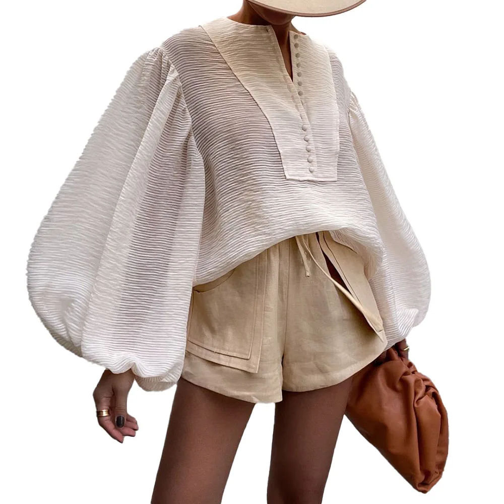 

Europe America Fashion Temperament Lantern Sleeve Solid Color Blouse V-neck 2021 Summer New Single-breasted Casual Loose