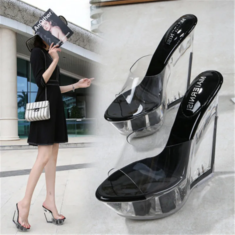 

Summer 14cm Ultra-high Heel Cool Slippers High Transparent Slope Crystal Waterproof Platform Sexy Open-toed Sandals Women Black