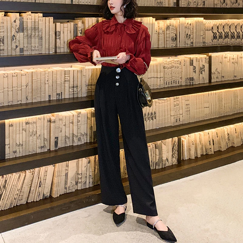 

2020 Spring Summer Office Lady 2 Piece Set Women Ruffles Puff Sleeve Shirt Top+High Waist Full Length Pant Elegant Suits R187