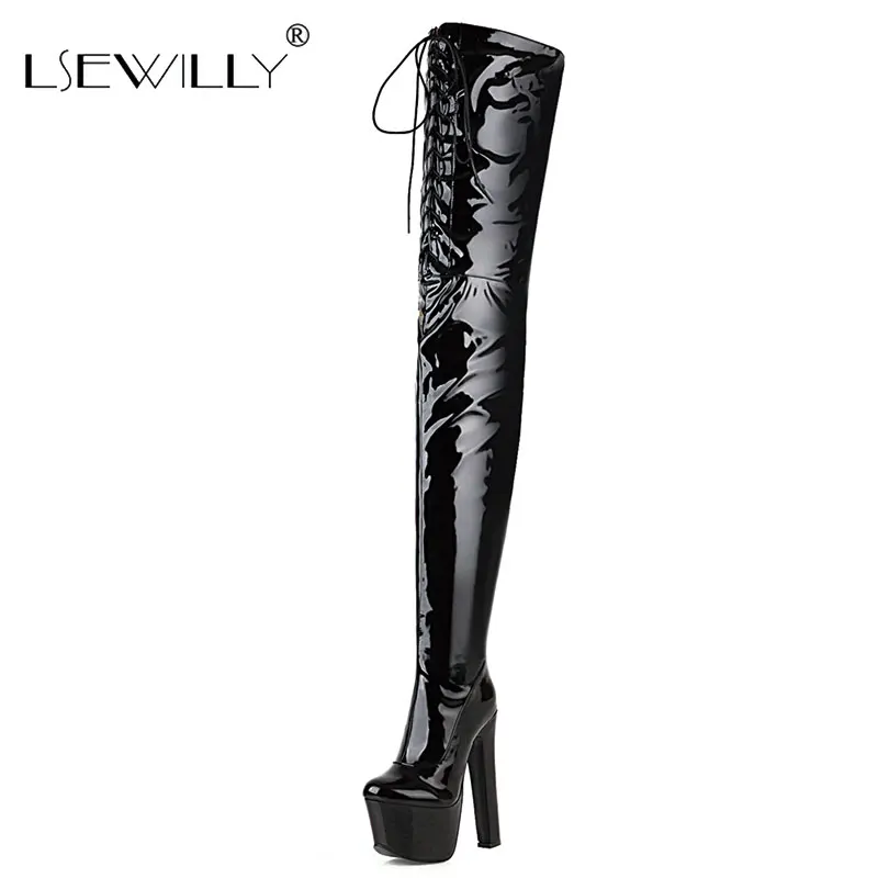 

Lsewilly 2020 Sexy Over The Knee High Women Boots Thick High Heel Round Toe Platform Fashion Ladies Pu Leather Boots Size 46