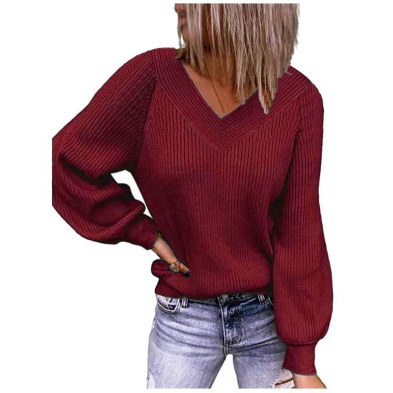

Oversize Women's Sweater Knitted Autumn Winter V Neck Blue Cotton Knit Jumper 2021 Long Sleeve White Warm Sweaters For Women