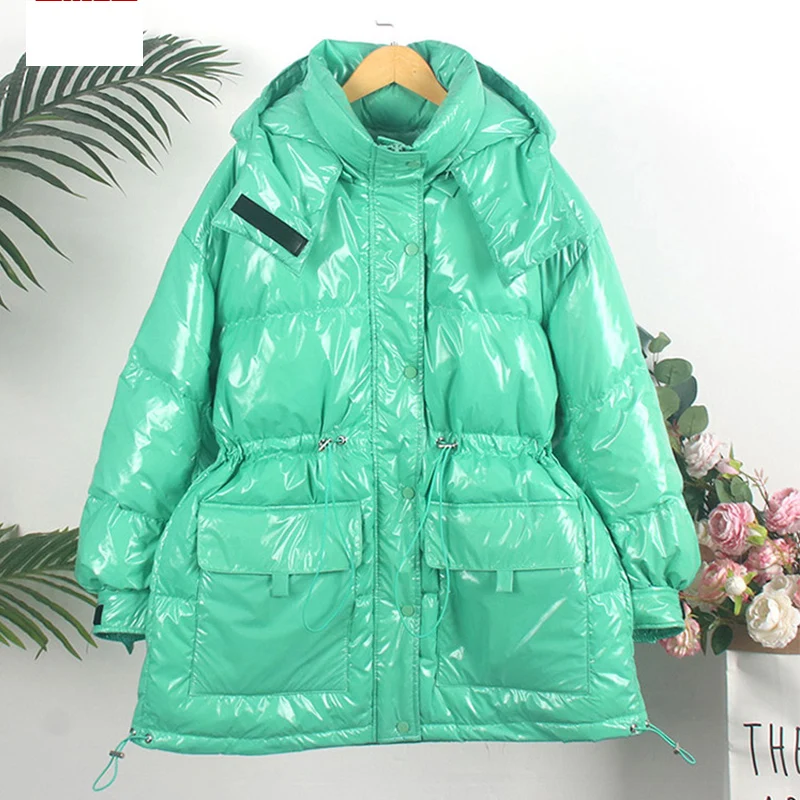 

oloey Loose Medium long Korean Style Parka Oversize 2020 Glossy Candy Color Down Women's Waist-Riding Bread Jacket