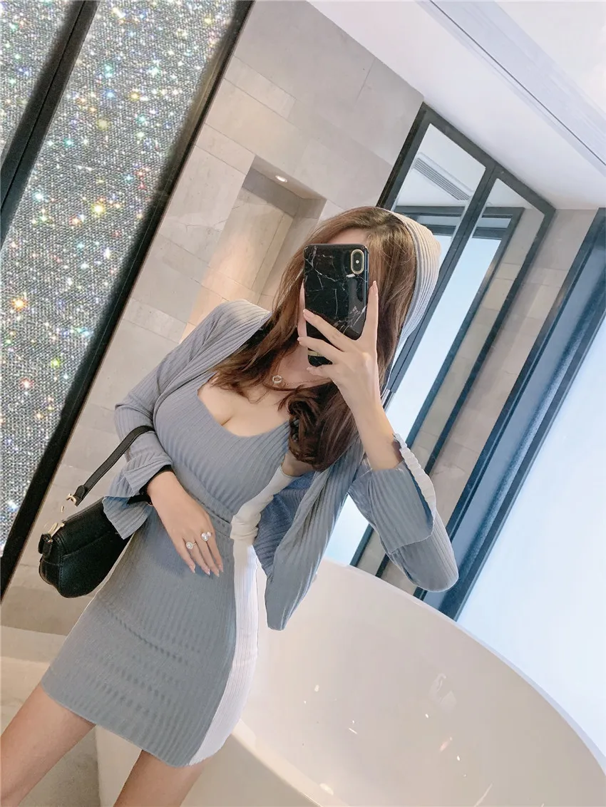 

WOMENGAGA Spring Slim Two Piece Set Women Long Sleeve Short Cardigan Hooded + Color Matching Low-cut Vest Dress XL7L