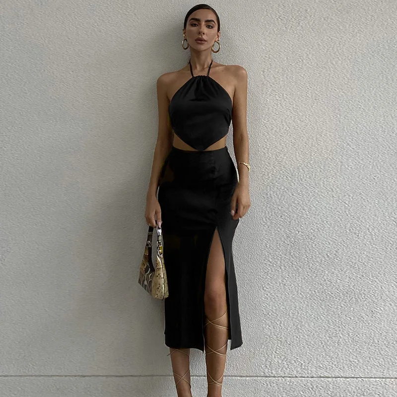 

Ggbaofan Brown Elegant Sexy Halter Crop Top and Skirts Sets Fashion Backless Night Club Party Outfits Two Piece Split Skirt Set