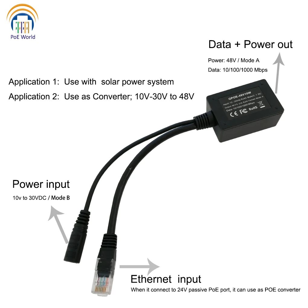 GAF48V10W Input 10-30V Gigabit Output 48Volts PoE Converter for any 802.3af or 48V devices and solar to Conversion | Безопасность и