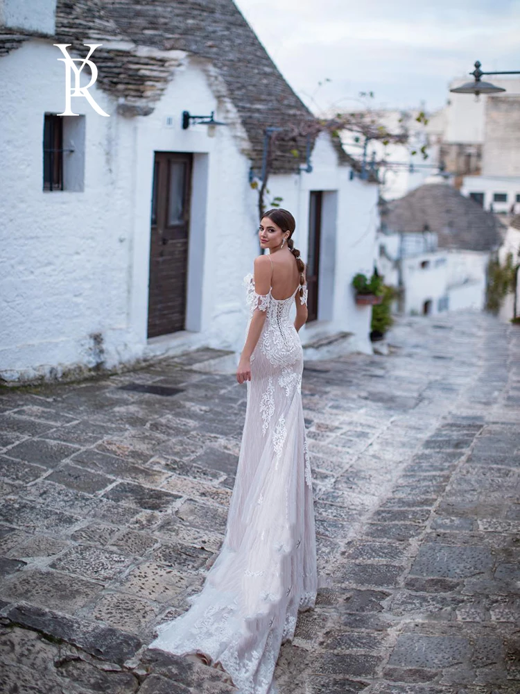 

YILIBER Mermaid wedding dress thin shoulder strap sleeveless lace bridal dresses backless tailing tube top plus size