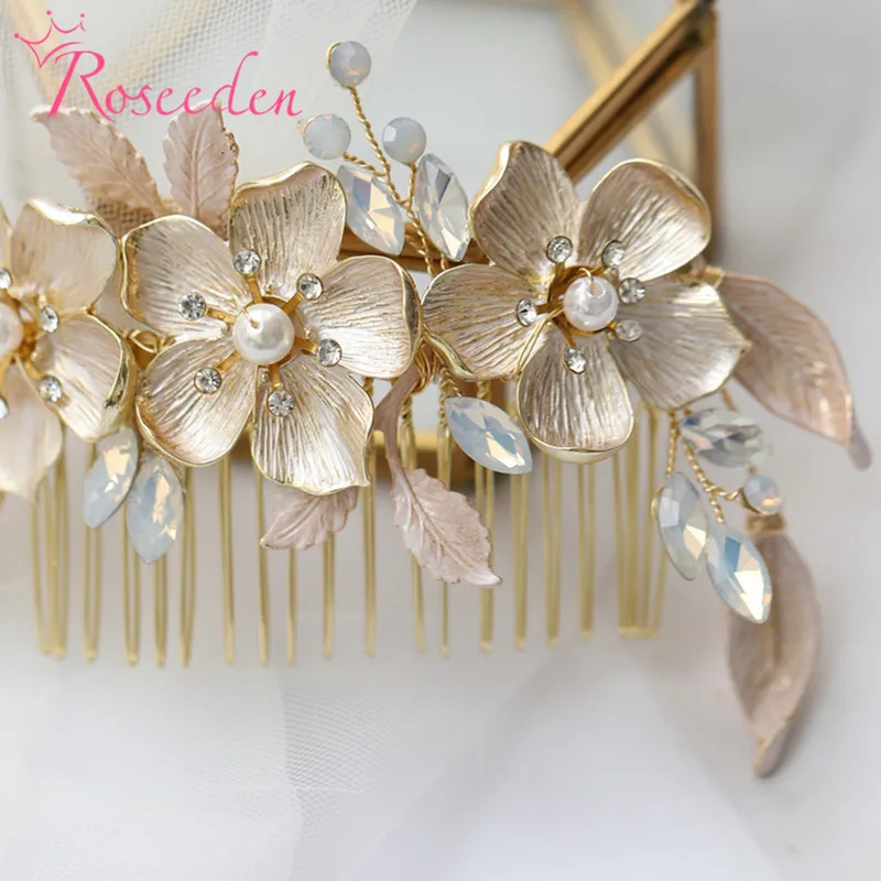 

Golden Flower Wedding Hair Comb Opal Bridal Headpiece Wedding Hair Accessories RE4118