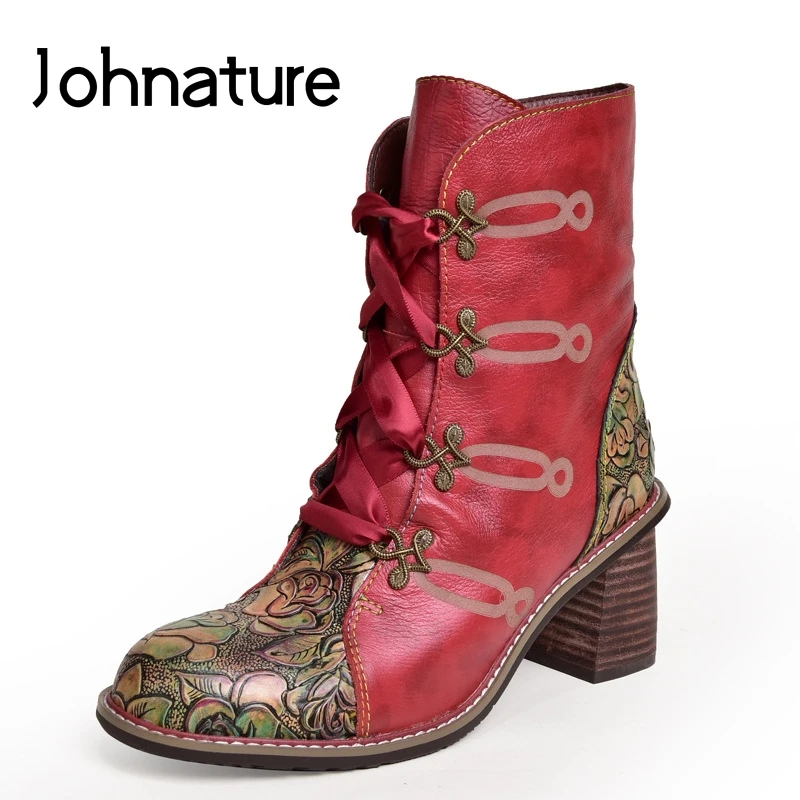 Johnature сапоги на высоком каблуке из натуральной кожи Женские туфли молнии круглый