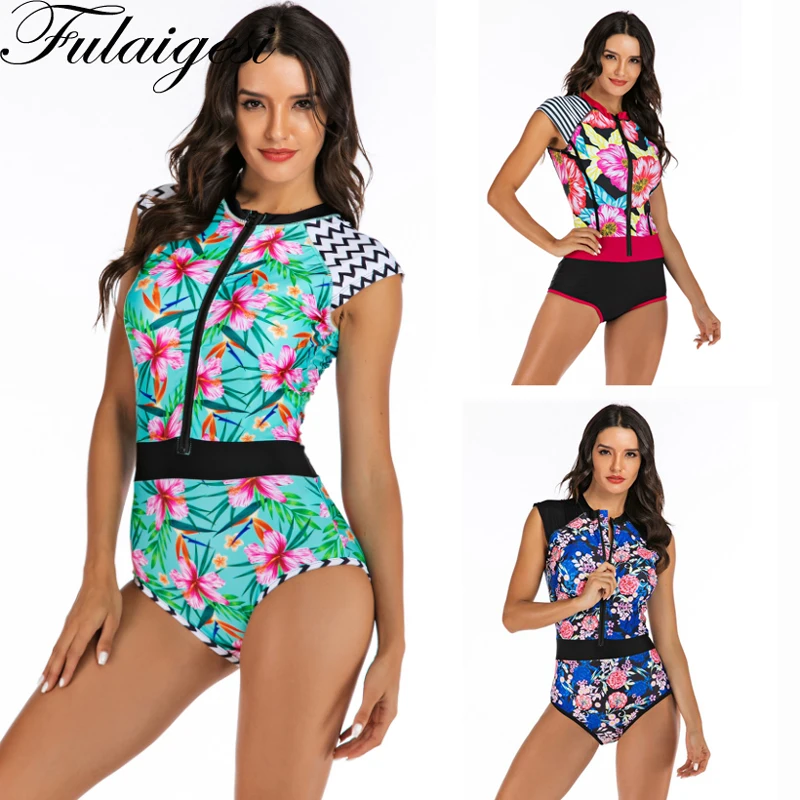 Женский слитный купальник Rashguard Цветочный для серфинга короткий рукав