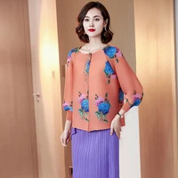 plus size jacket for women 45 75kg 2021 autumn flowers printed round neck single breasted stretch loose miyake pleated cardigan