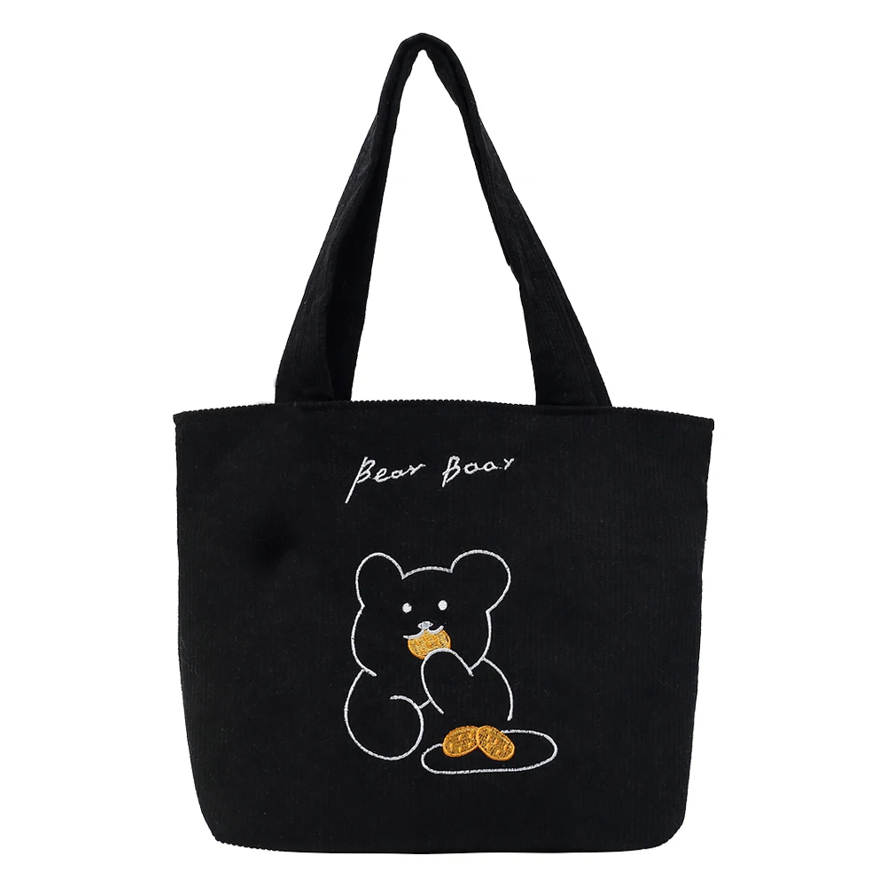 

Youth Ladies Simple Versatile Bag Corduroy Cartoon Bear Print Tote Autumn Women ShoppingShoulder Top-handle Bags