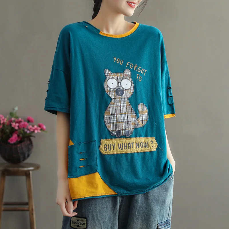 Женская футболка с вышивкой в виде кошки Повседневная Свободная коротким