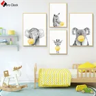 Детские Желтые воздушные шары, художественный постер с изображением животных, Зебра, коала, слон, жираф, холст, картина для детской комнаты, украшение