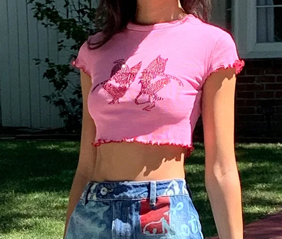 Женский короткий топ с животным принтом Розовый пуловер коротким рукавом и