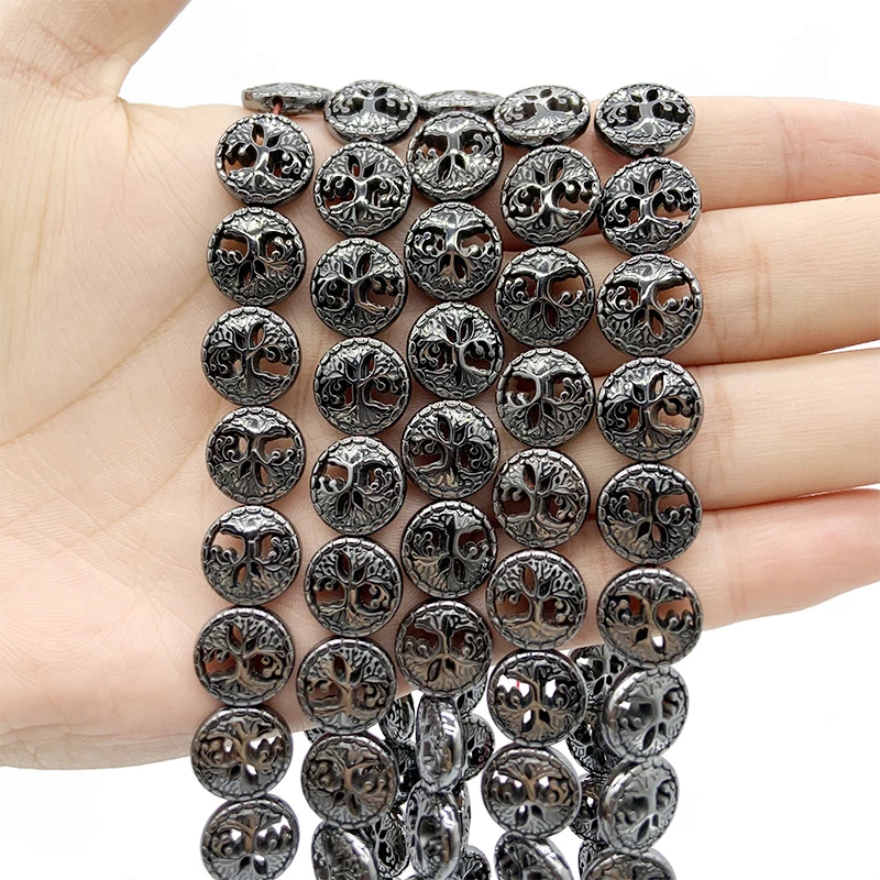 

RBFHYER Wholesale Black Life Tree Hematite Natural Stone Charm Loose Beads 12mm For Handmade Jewelry Making Diy bracelet