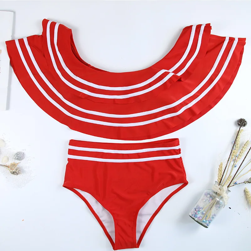 

New Summer Women Striped Two Piece Bikini Set One Off Shoulder Swimwear Black White Ruffles Swimsuit Sexy Beach Bikini