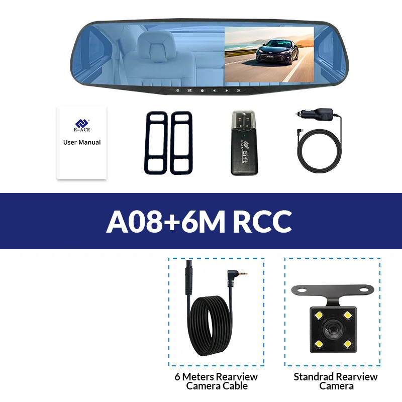 A08-6M RCC E-ACE Dvr Dash камера Автомобильный видеорегистратор зеркало FHD 1080P 4,3 дюймов двойной объектив с камерой заднего вида авто видео регистратор - Название цвета: A08-6M RCC