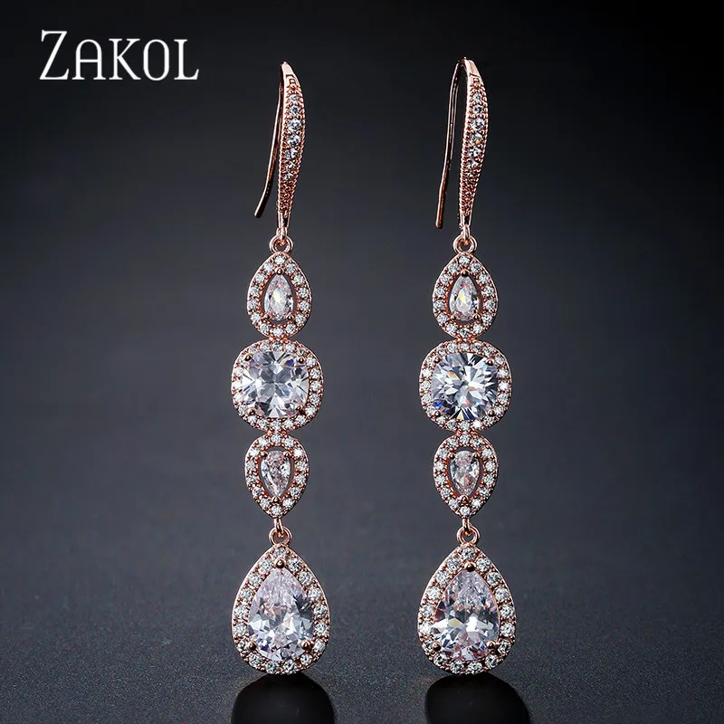 Rose Gold Color ZAKOL Роскошные Висячие квадратные Длинные висячие серьги с кубическим цирконием для женщин модные свадебные ювелирные изделия в виде листьев FSEP2213 - Окраска металла: Rose Gold Color