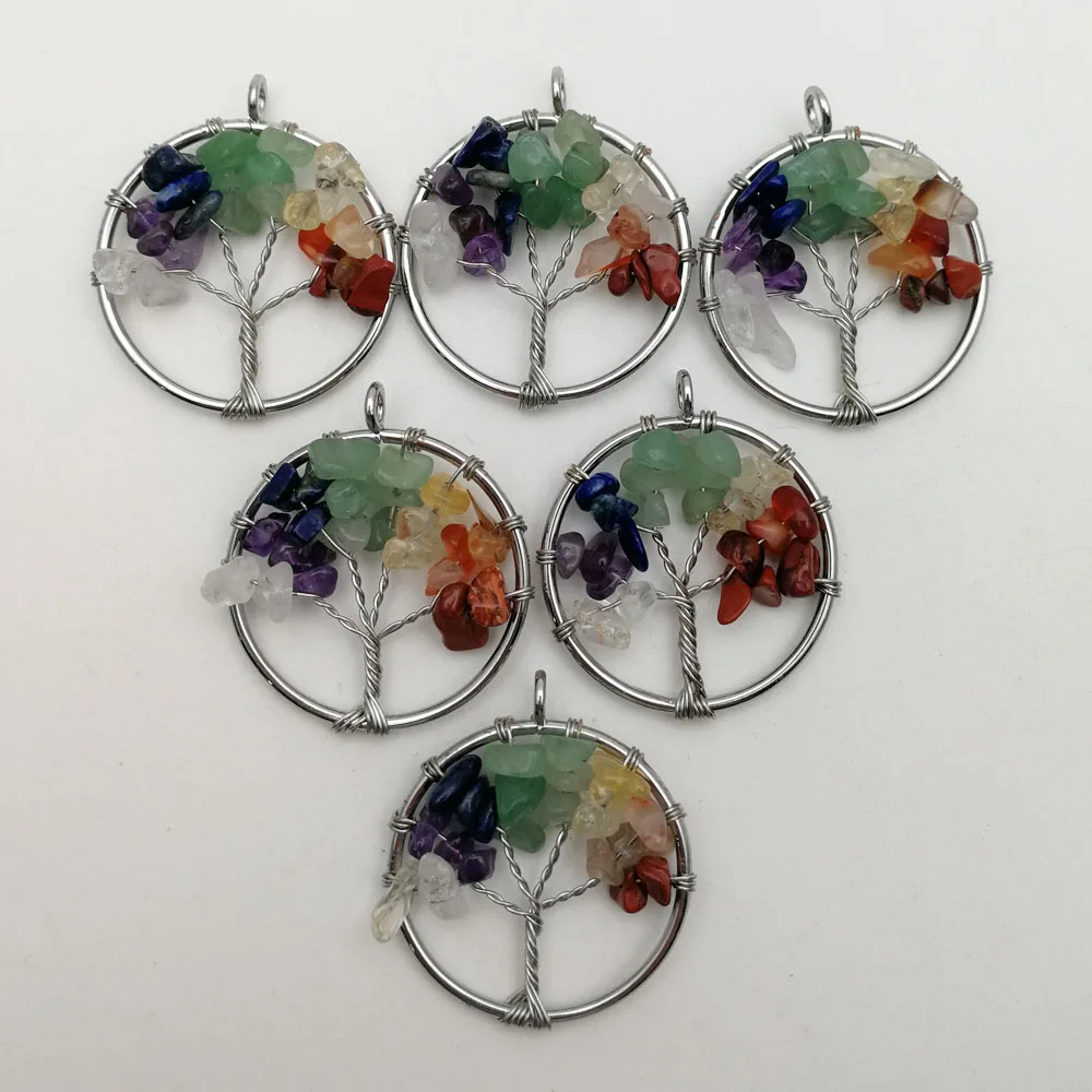 

Fashion Tree of Life Wisdollm 30mm Tree Chakra Reiki Healing Natural Stone Pendant 12pc for Jewelry making Necklace accessorie
