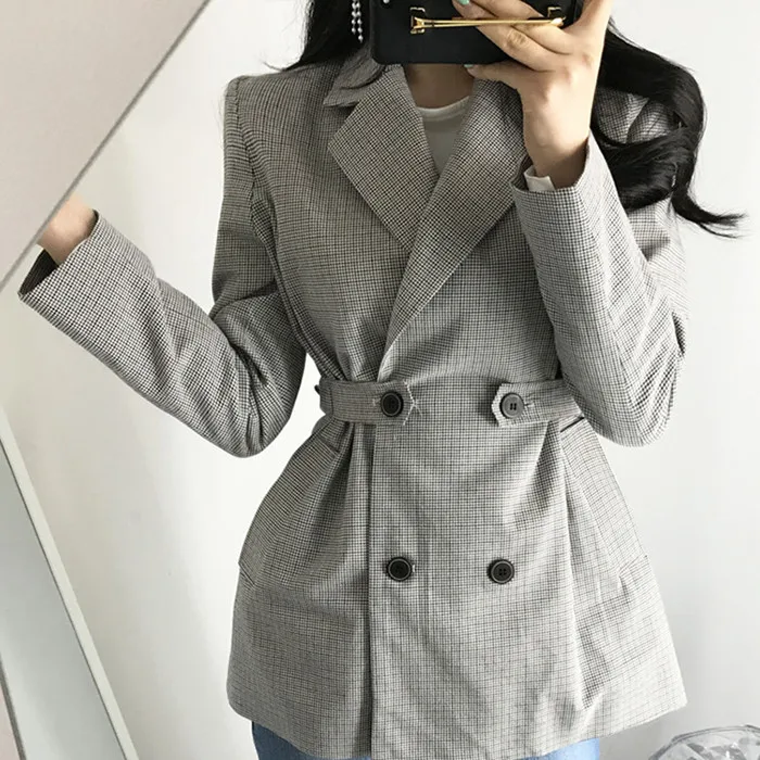 

2021 Fall Women Fashion Gray Blazer Jacket Suit Winter Slit Elegant Double Breasted Plaid Long Sleeve Outerwear Female Ladies