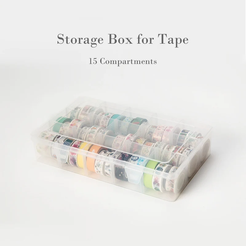 Caja de almacenamiento transparente para manualidades, organizador de 15 compartimentos para cinta Washi, suministros de arte y papelería con pegatinas