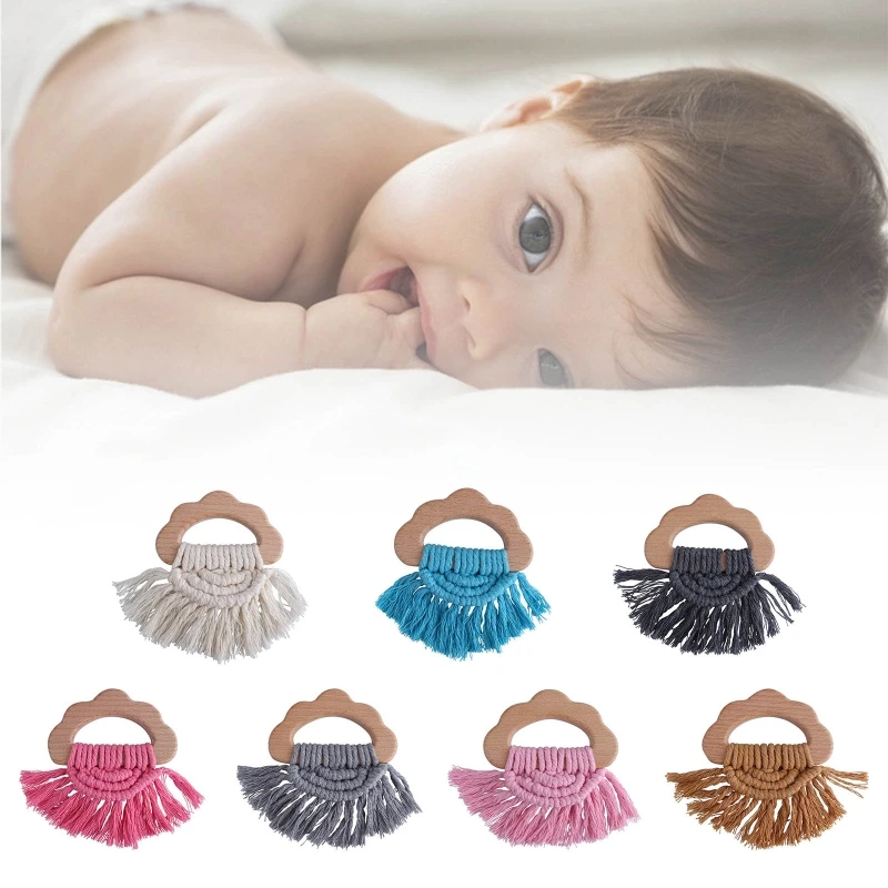 

Infants Baby Wooden Teether Rattle Bracelet Crochet Cotton Thread Tassel Pendant