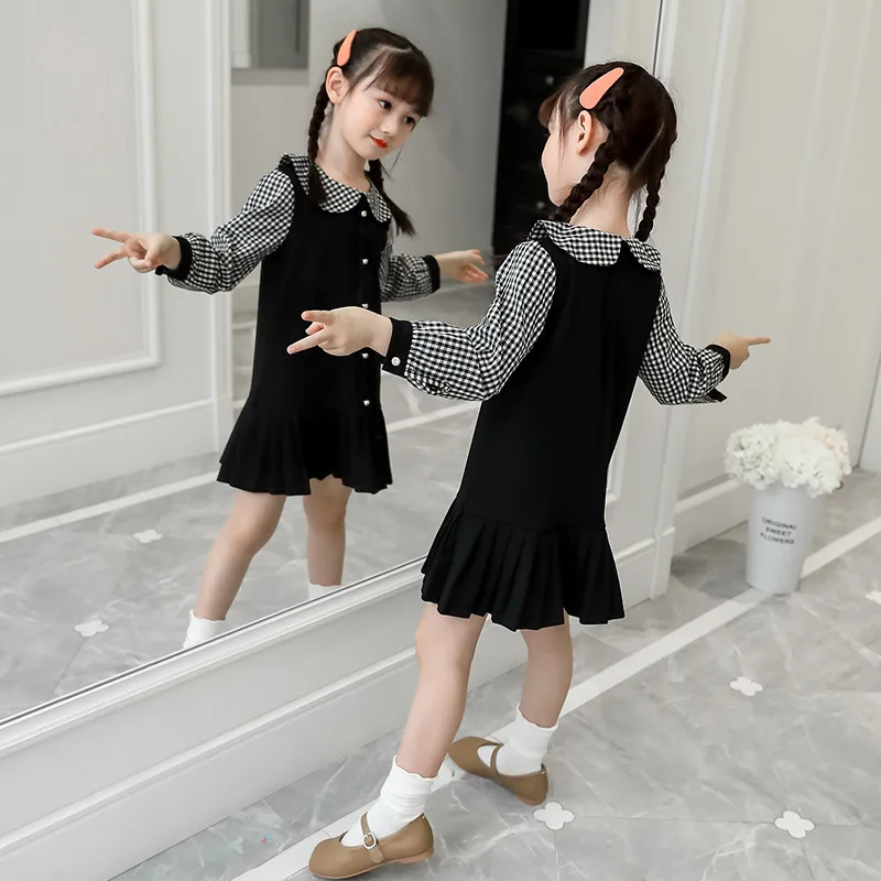 

Girls dress 2021 spring new Korean version of plaid doll collar lady style big kids skirt