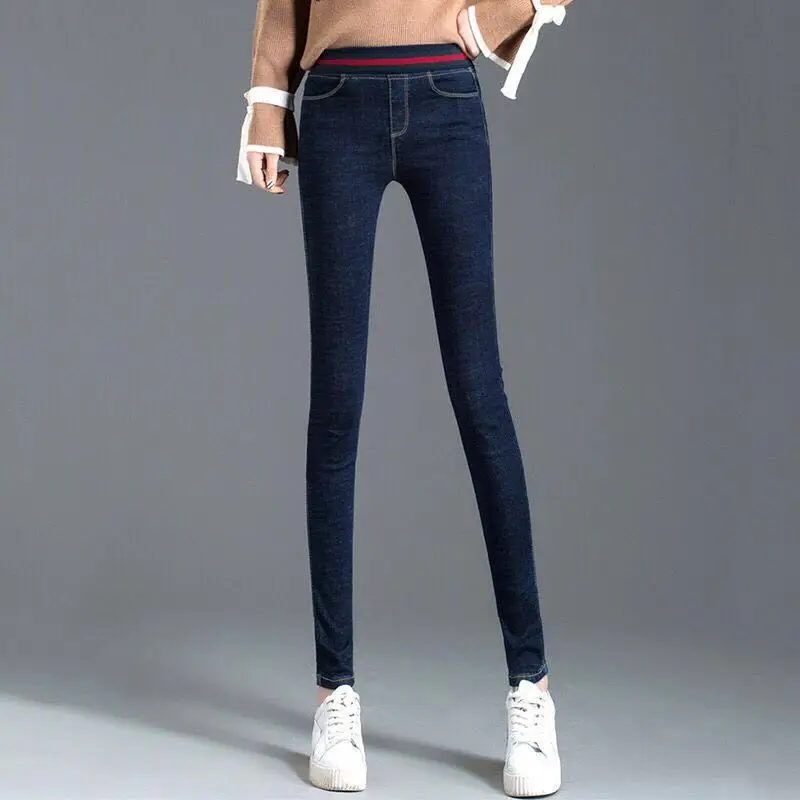 

Women's New Black Imitation Jeans Trousers Korean Version High Waist Plus Cashmere Pants Stretch Pants 2020 Autumn Winter