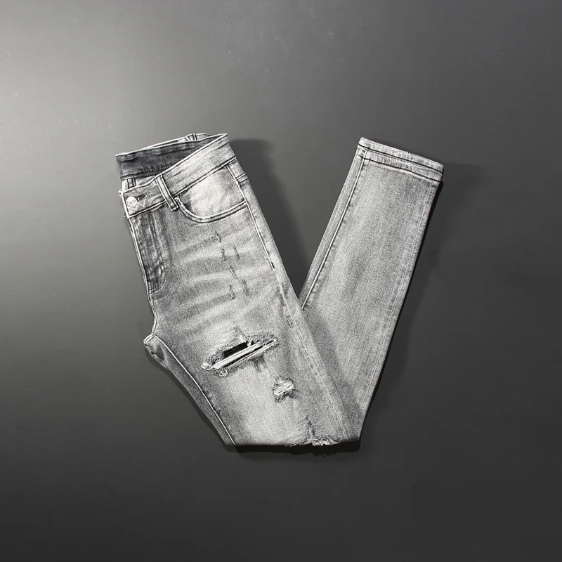 

American Street Style Fashion Men Jeans High Quality Elastic Cotton Ripped Jeans Slim Fit Punk Pants Gray Color Hip Hop Trousers