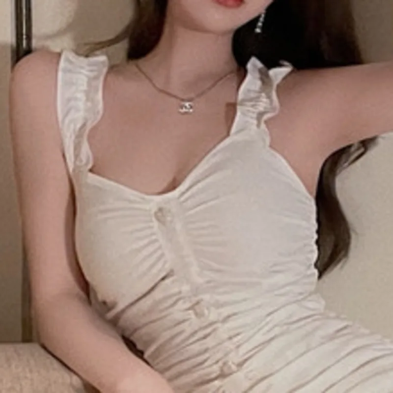 

Sweet Ruffles Dress Women Slim Bodycon Mini Party Spaghetti Strap Solid Folds Sexy V-neck Robe Female 2021 Summer Vestidos Mujer