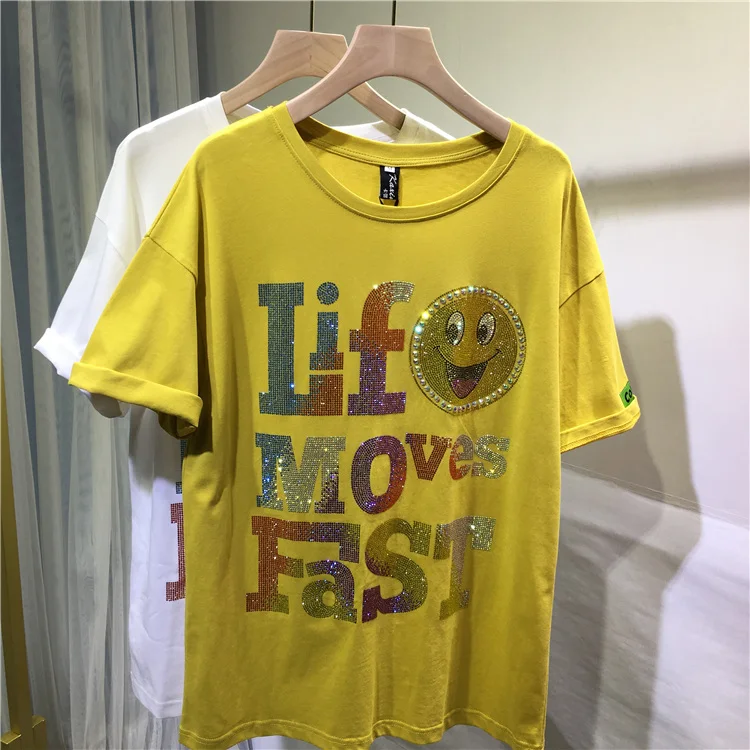 

Heavy Hot Drilling Letter Cartoon Graphic T-shirt Women 2021 Summer Short-Sleeved Tshirt Loose Casual O-Neck Plus Size Tops Tee