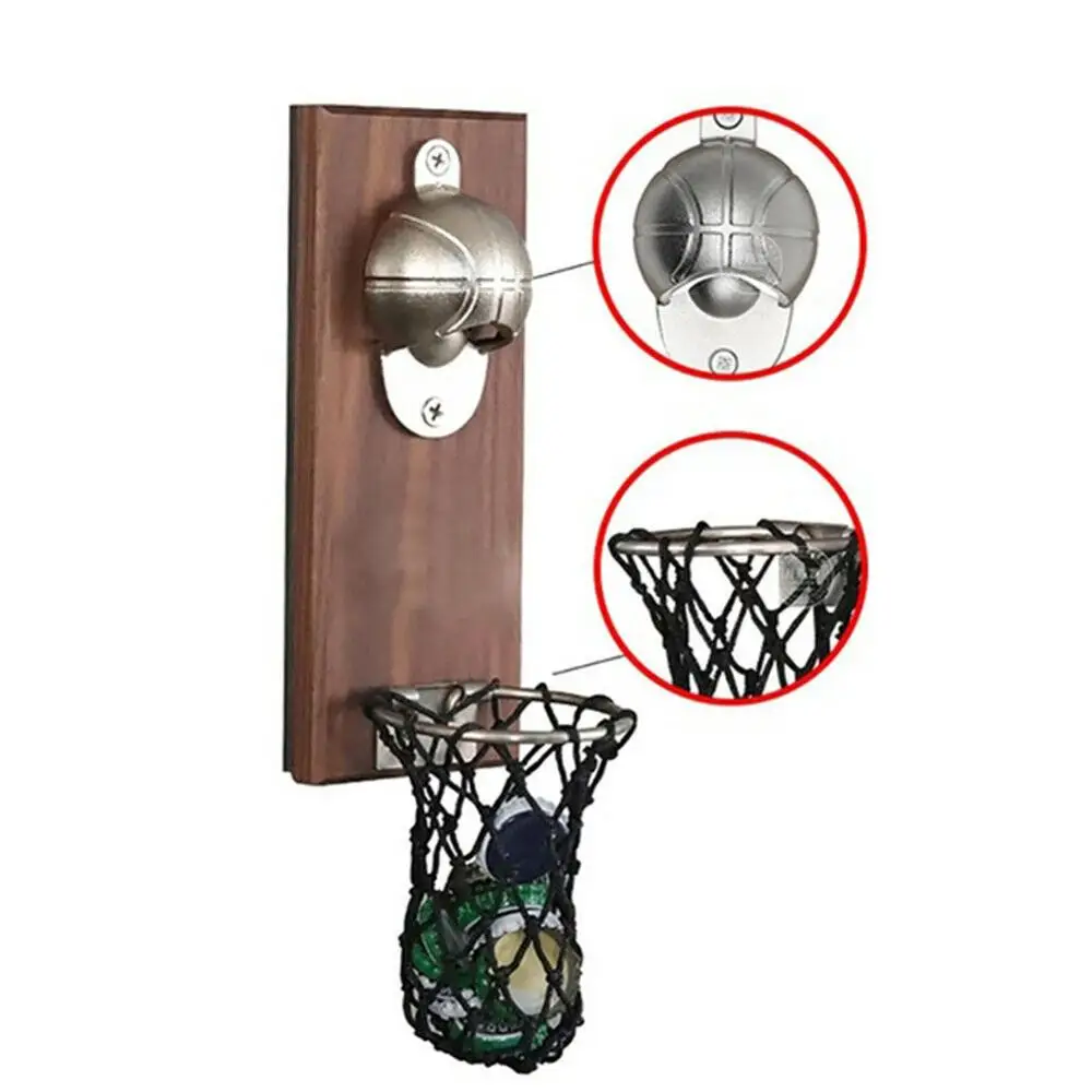 

1Pc Wine Beer Bottle Opener Wall Mount Bottle Basketball Bottle Opener with Embedded Magnetic Cap Catcher in Solid Opener