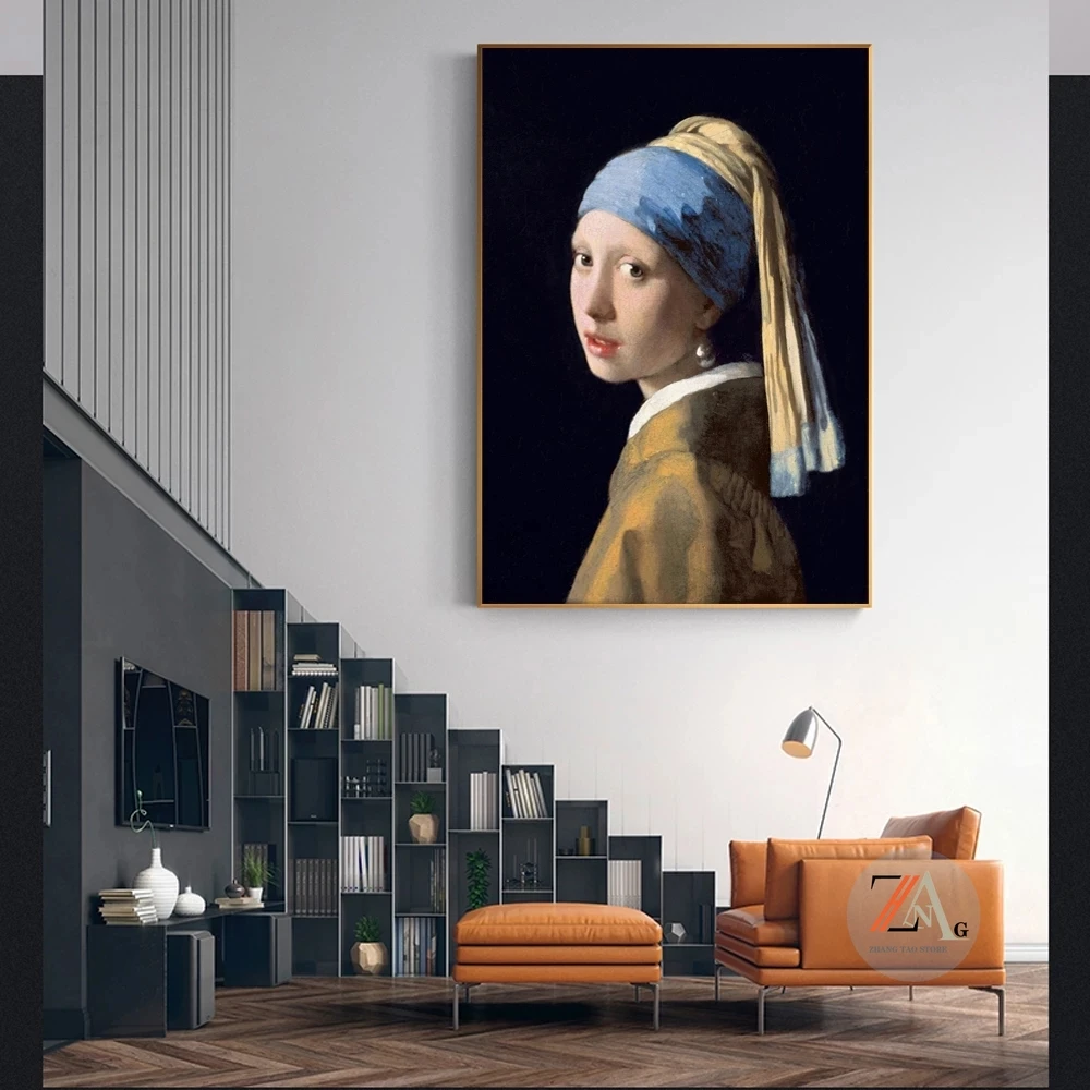 

"Girl with a Pearl Earring", a famous painting, classical portrait art canvas printed home decor