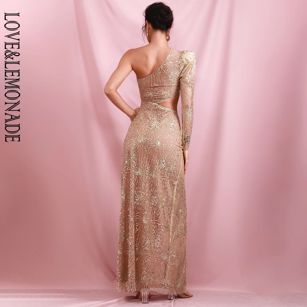 

LOVE&LEMONADE Sexy GOLD Bare Shoulders Cut Out And With Split Lattice Glitter Glued Material Maxi Dress LM82196