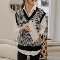 loose vest women 2021 early autumn all match lazy v neck contrast color sleeveless sweater black vest korean fashion
