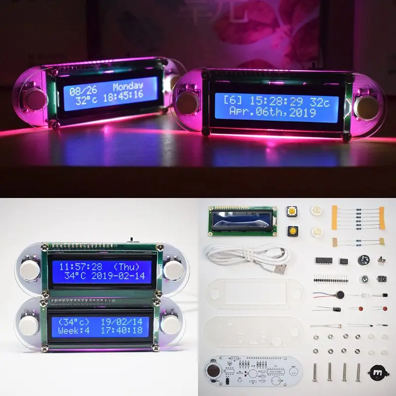 

Candlelight Effect LCD1602 Vibration Clock DIY Kit Electronic Learning Kits Gift M89B