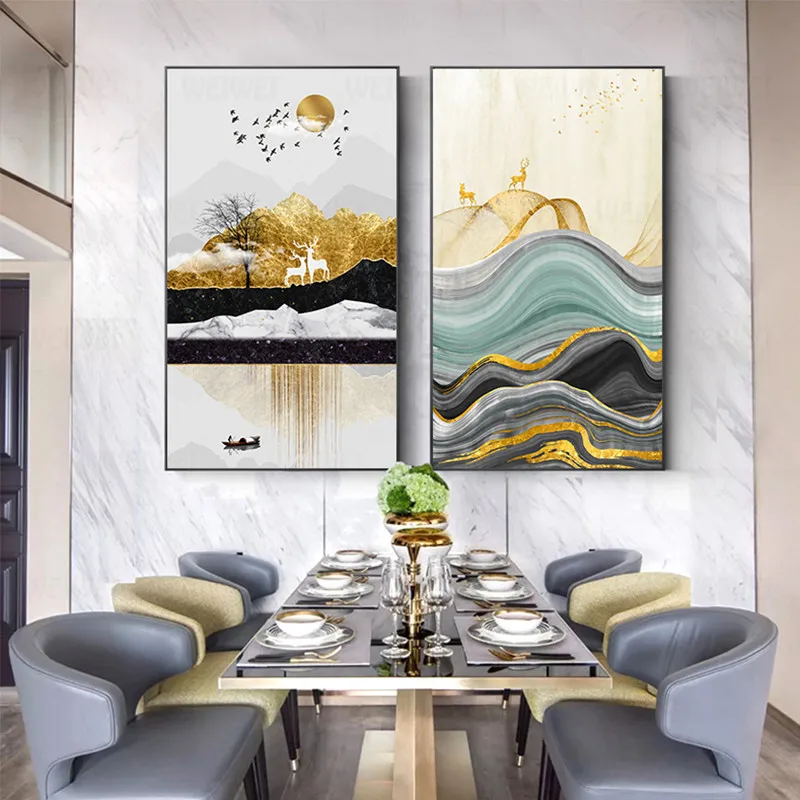 Абстрактная Золотая фольга холст живопись современное золото солнце олень