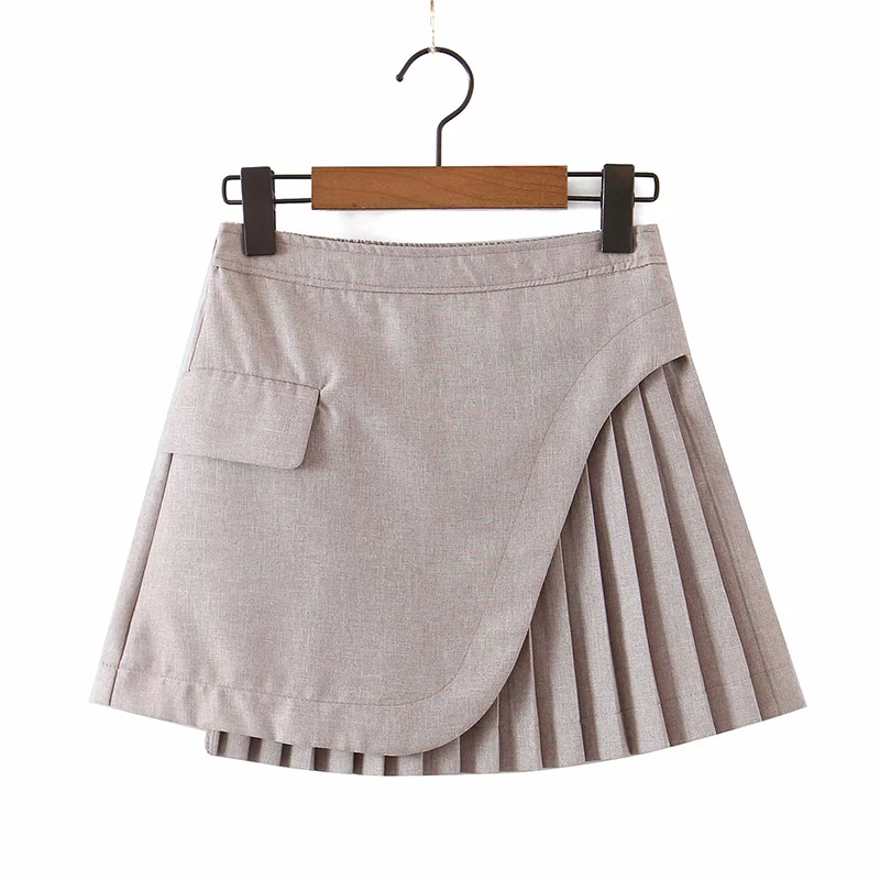 

YENKYE 2021 Women Pleated Patchwork Asymmetric Skirt Vintage Solid Side Zipper High Waist Mini Skirt Mujer Office Summer faldas