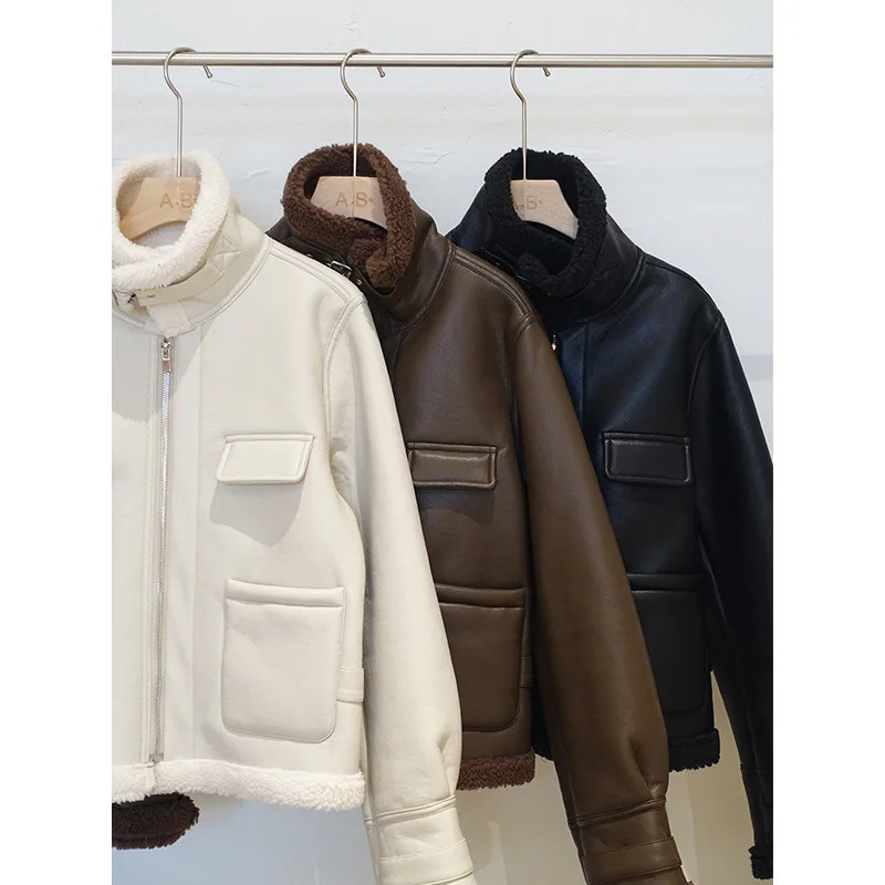 

2020 New Lamb Wool Coat Women Autumn Winter Stitching Lapel Oversized Casual Fashion Short Woolen Thick Leather Jacket Female