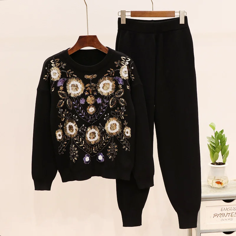 Women 2 Pieces Pant Set Flower Sequined Pullover Knitted Sweater Top + Long Pant Suit Casual Sport Jogging Active Wear Outfit