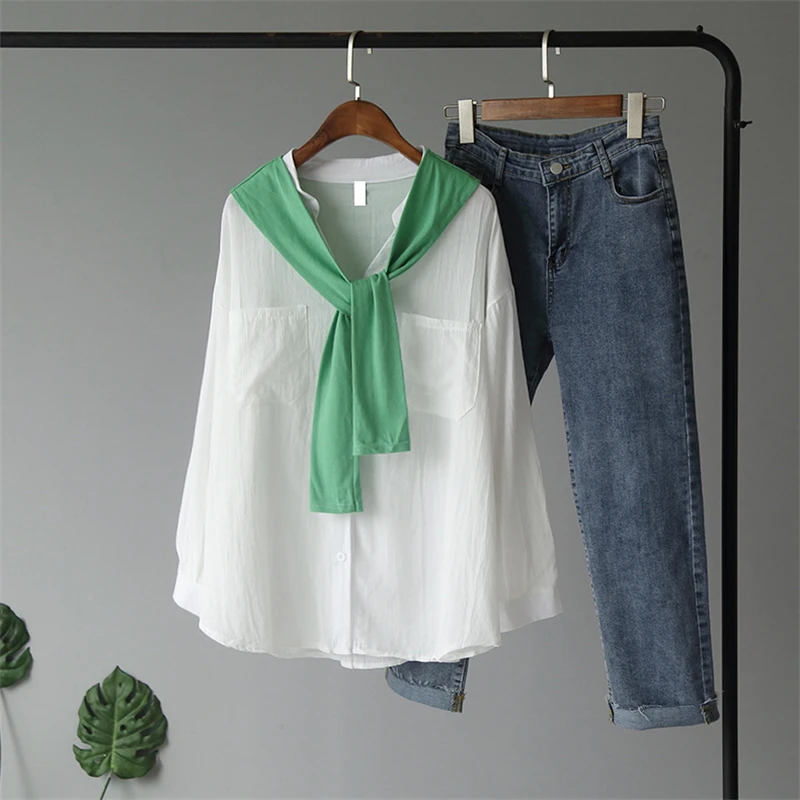 GLAUKE Женская Весенняя новая белая рубашка с шарфом для отдыха длинными рукавами