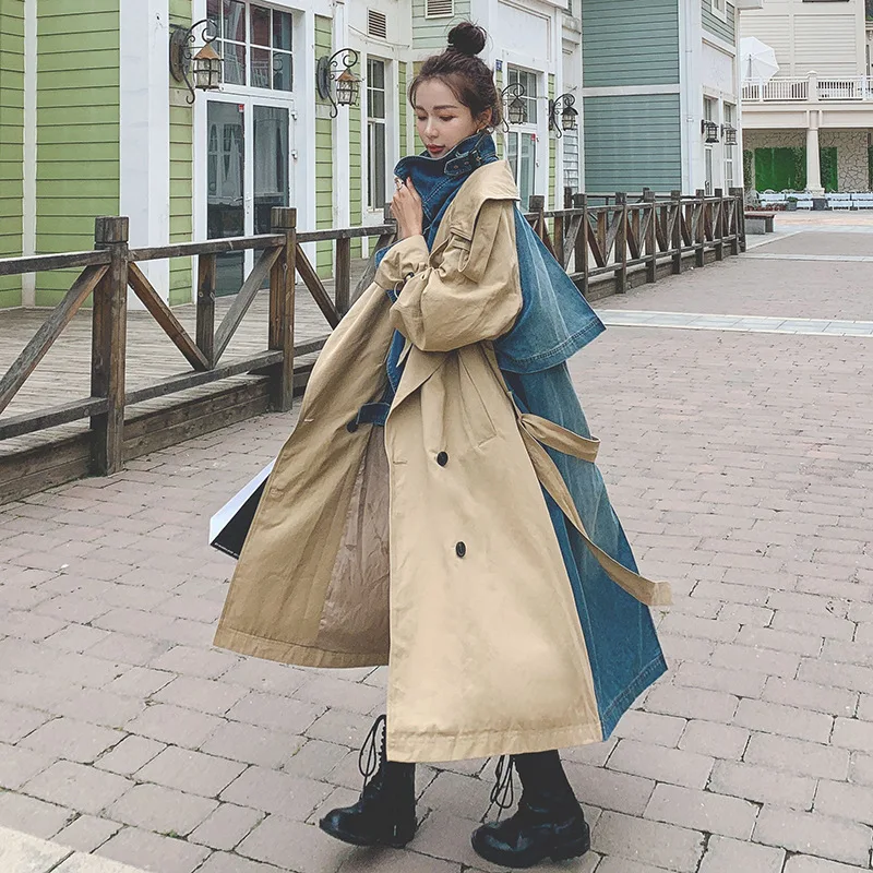[EWQ] 2020 осенний Новый Тренч женский модный джинсовый пэчворк хаки Пальто Куртка