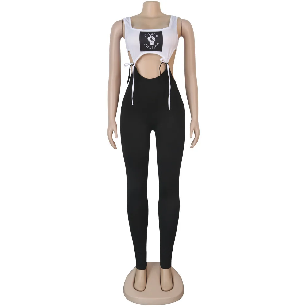 

Letter Print Bandage Fitness Fashion Women Matching Sets Sleeveless Solid Sporty Workout Two Piece Outfits Skinny Top+Pants Sets