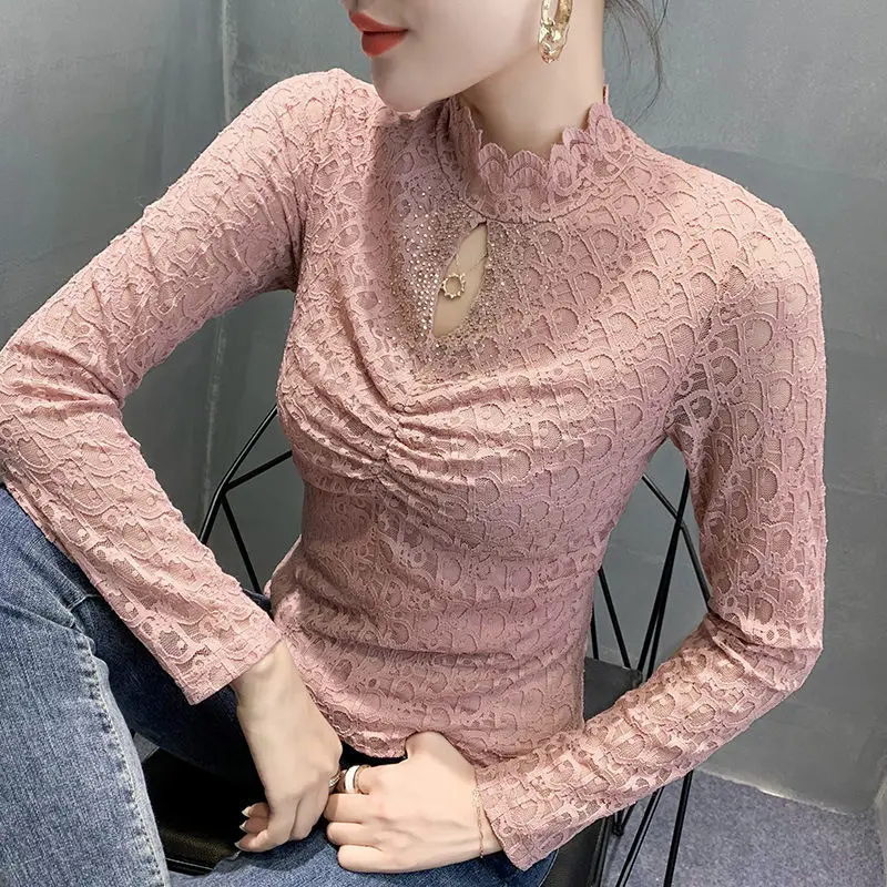 Женская блузка яркая рубашка осенне-зимняя Сексуальная кружевная ажурная со