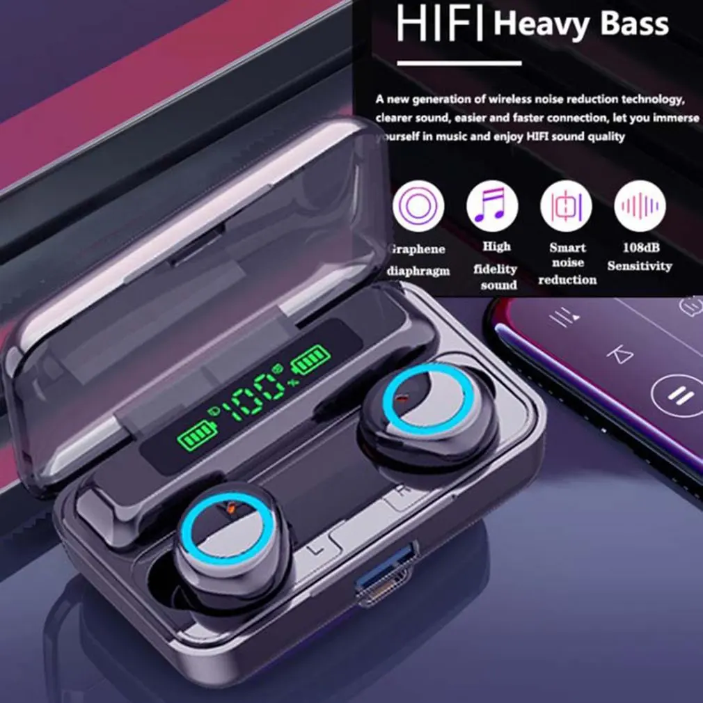 

Беспроводные наушники-вкладыши F9-3, стерео наушники-вкладыши 9d с возможностью зарядки, для занятий спортом на открытом воздухе, с шумоподавл...