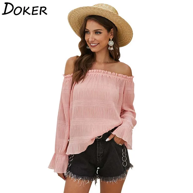 

Bohemian Word Collar Tulle Ruffle Long Sleeve T Shirt Women Loose Casual Sexy Party Tops Female Streetwear Blouse