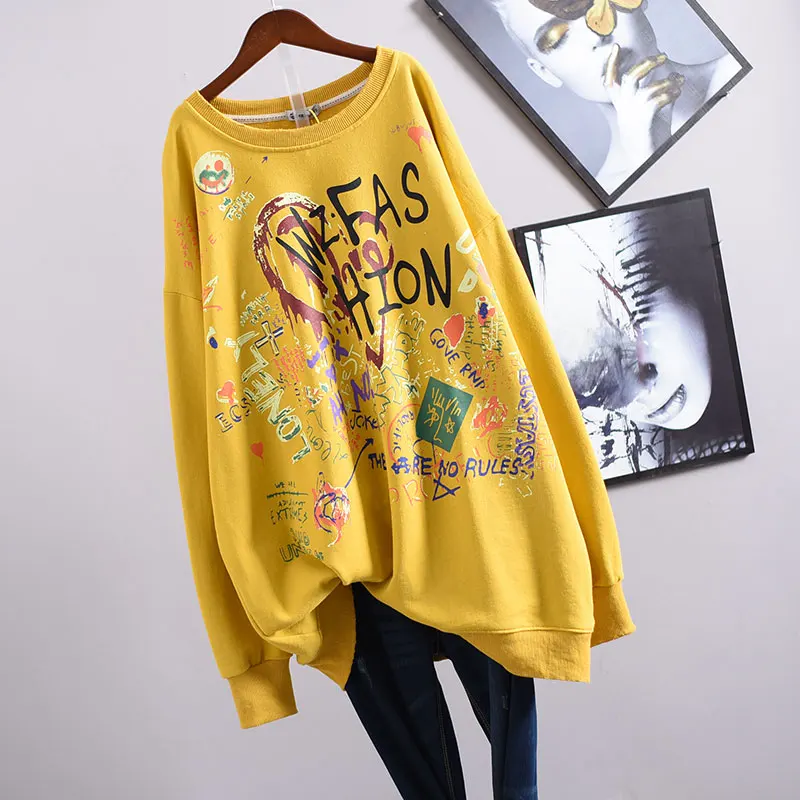 

Korean Style Trendy Hip Hop Trendy Couple Long-Sleeved T-shirt Oversized Loose Style Fun Graffiti Printing Sweater Women's Top