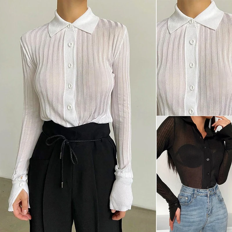 

Sexy Knitted See Through Elastic Blouse Women Turndown Collar Long Sleeve Slim Shirt Party Streetwear